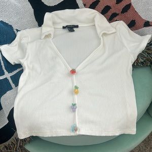 Forever21 Fruit Buttons Button Down ribbed crop short sleeve white size S